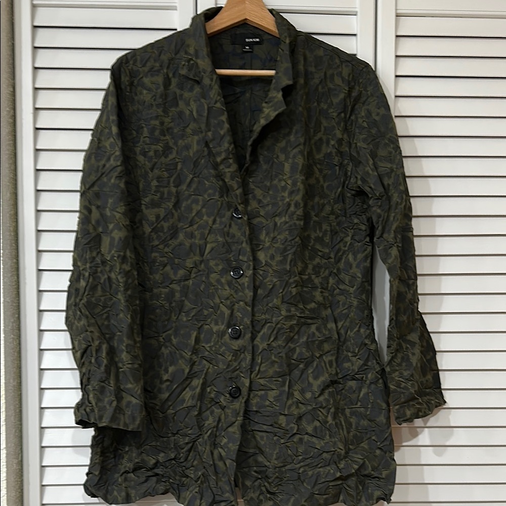 Sun Kim Crinkle Green Leopard Boyfriend Blazer Jacket